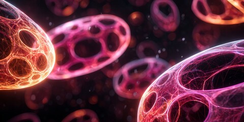 Microscopic view of abstract glowing cell structure. Concept of microbiology, biology, or disease for science illustration.