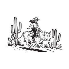 Cowgirl riding bull through desert with cactus, vintage illustration style © SI