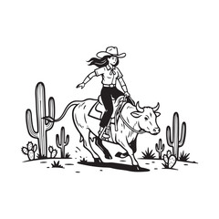 Cowgirl riding bull in desert with cactus illustration