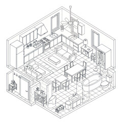 Isometric view of a detailed modern apartment layout with furniture and fixtures.