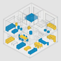 Isometric view of a two-story house with furniture layout.