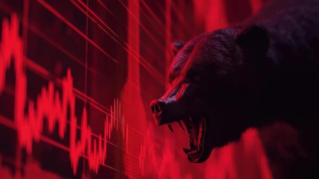 A snarling wolf beside red stock market charts.