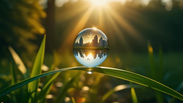 Urban Reflection in Nature City Skyline in a Sphere on Green Grass with Golden Sunlight