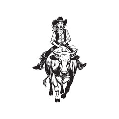 Action-packed rodeo cowgirl riding a bucking bull, illustration