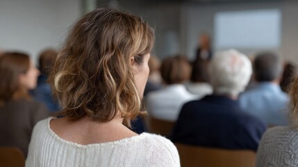 A contemplative Caucasian woman listens in a dim-lit seminar, symbolizing Mindfulness Day and World Listening Day synergy