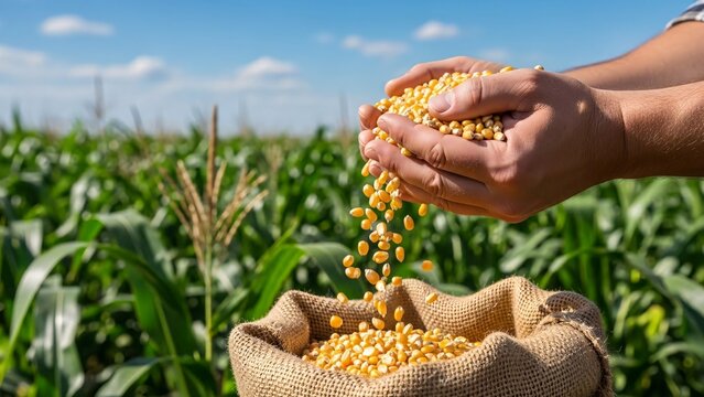 A farmer's hands are gently pouring golden corn kernels from cupped palms into a burlap sack, set against a vibrant green cornfield under a clear blue sky