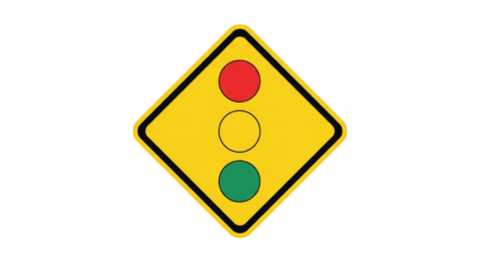 Traffic Light Signal: A bright yellow, diamond-shaped traffic signal illuminates, featuring red, yellow, and green lights signaling the flow of traffic. Emphasizing road safety.