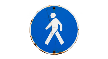 Pathway Sign: A weathered, circular blue sign, bearing a white pedestrian symbol, indicating a designated pathway. The sign's aged texture hints at a well-trodden route.