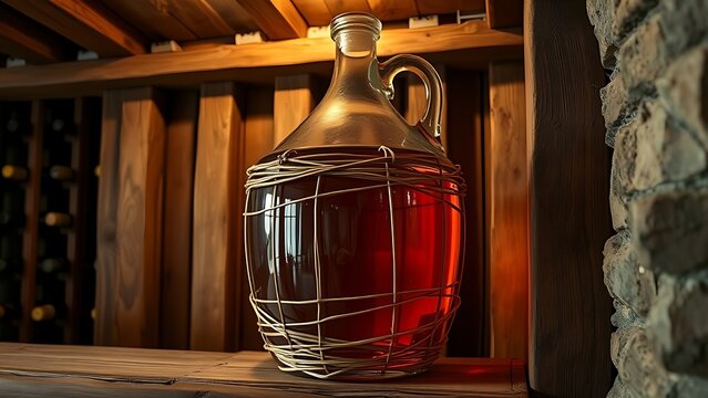 carboy. Large glass carboy with wicker wrapping on a wooden shelf, amber liquid inside in a rustic cellar. bar promotions, beverage menus, designed for food & beverage menus and cafe branding.