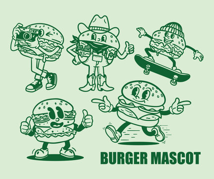 Vector illustration of vintage fast food Hamburger mascot collection