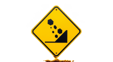 Falling Rocks Ahead: A bright yellow road sign warns of potential danger ahead, depicting falling rocks and the risk of a hazard in the area.