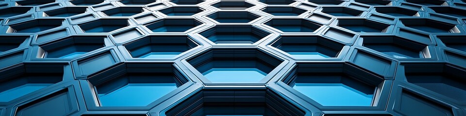 Obraz premium Futuristic blue cellular design. This design showcases a repeating pattern of geometric hexagons, suggesting connectivity and innovation. The scene is bathed in cool tones.