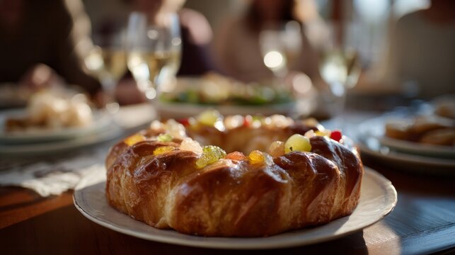 Golden rosca de reyes bread graces festive table, celebrating Epiphany and shared joy with vibrant candied fruits