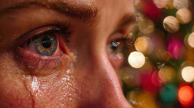 Close-up of a tearful eye with blurred Christmas lights in the background, capturing deep emotion, vulnerability, and bittersweet holiday feelings.
