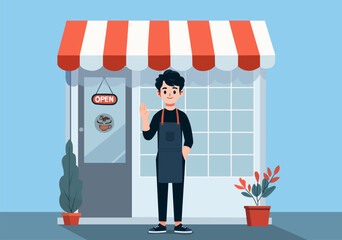 Illustration Barista Welcoming Customers to Coffee Shop