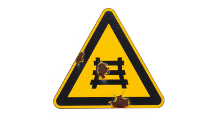 Railway Crossing Warning Sign: A weathered, triangular sign of a railway crossing is prominently displayed. The sign, weathered, worn, and bearing a symbol of the railroad crossing.
