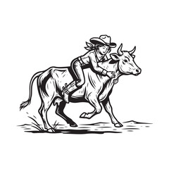 Cowgirl riding a running steer, black and white woodcut style