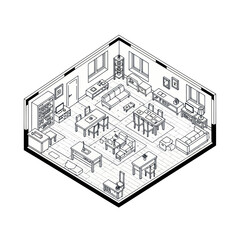 Isometric view of a furnished room with multiple tables and seating arrangements.