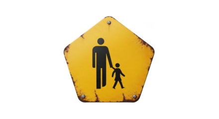 Pedestrian Crossing Sign: A weathered, yellow pentagon road sign displays the symbolic image of a parent holding a child's hand, clearly signaling a pedestrian crossing.