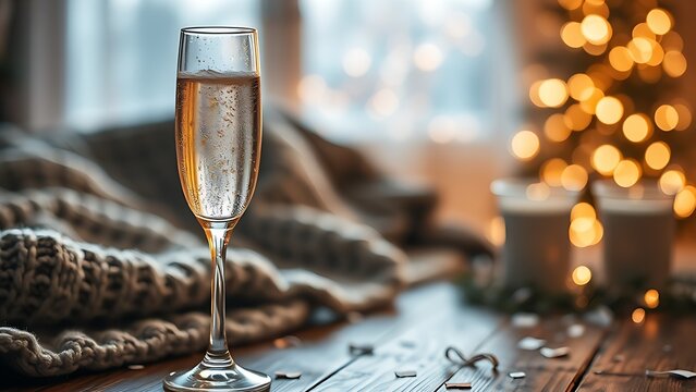 dcf. A champagne flute with golden bubbles on a wooden table beside a cozy blanket and festive confetti. bar promotions, beverage menus, designed for food & beverage menus and cafe branding.