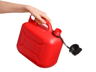 Female hand holding canister on white background