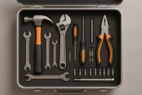 Essential hand tools neatly arranged in custom foam inserts within an open silver toolbox, ready for various repairs and DIY projects