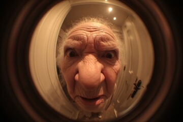 Elderly woman with exaggerated facial expression peering through a door's peephole, showcasing surprise and curiosity in a domestic setting with warm lighting