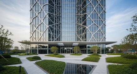 Modern architectural design featuring a glass skyscraper with unique facade