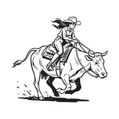 Cowgirl riding a dynamic bull in an exciting western rodeo sport