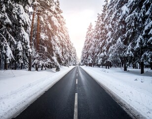 Snowy road through a forest