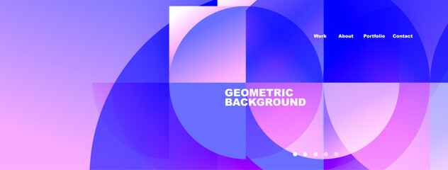 Abstract geometric design. Blue, purple gradients create modern website header. Text displays portfolio information. Minimalist aesthetic.