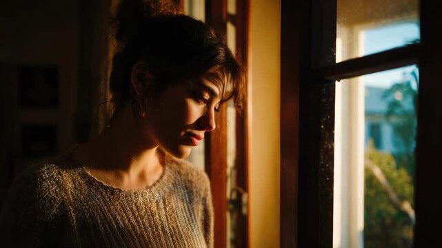 A woman with brown hair in a cozy knit sweater gazes out a window, bathed in warm indoor light.