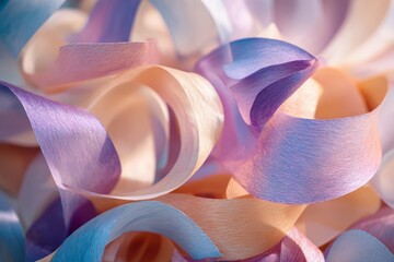 Close up of colorful pastel crepe paper strips. Abstract wavy texture background, decoration for birthday, wedding, Easter, party, gift wrapper.