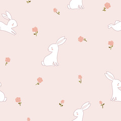 seamless rabbits and rose , rosebud stems with leaves  pattern , vector , illustration