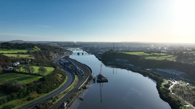 Epic Locations Waterford City drone Landscape early morning Suir River and entry point from motorway to the City