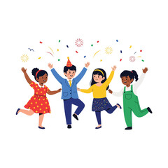 Fototapeta premium Cheerful 2D illustration of children dancing together at a New Year party