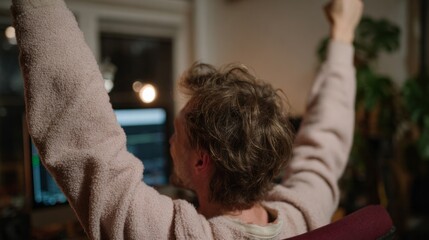 A jubilant Caucasian man triumphantly stretches at twilight, embracing digital victories, reminiscent of World Backup Day celebrations