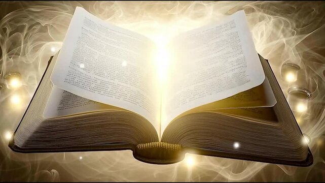 Enlightened Pages: An open book glows with ethereal light, symbolizing knowledge and wisdom, with pages gently turning amidst a mystic atmosphere.
