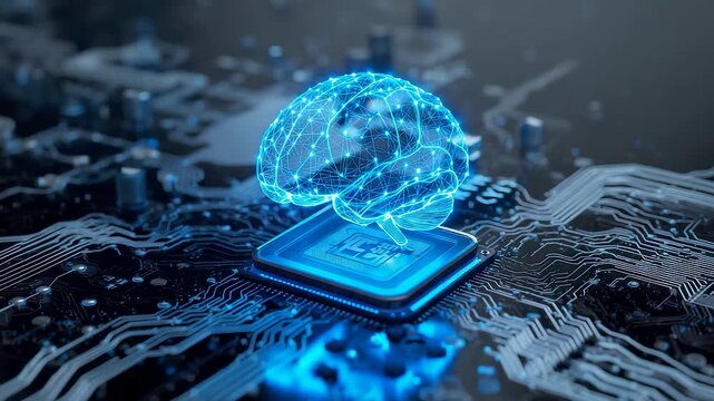 Glowing digital globe hovering above a microchip on advanced circuit board surface with blue light accents and high detail technology design