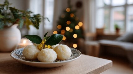 Aromatic mochi desserts with festive bokeh, celebrating Mooncake Festival and cozy hygge, delicately perched on rustic ceramics