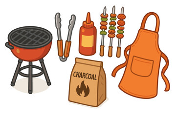 Barbecue tools collection: grill, tongs, skewers, sauce, apron, charcoal
