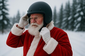 Santa Claus wearing a helmet, adjusting chin strap in a snowy winter landscape. Concept of modern delivery and holiday travel