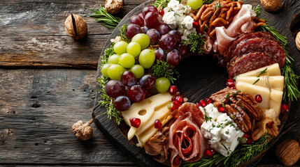 Elegant Christmas charcuterie wreath with cheese, grapes, prosciutto and nuts on rustic wood table. Festive holiday appetizer.