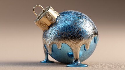 Melted metallic Christmas ornament dripping paint, modern holiday decoration, silver blue glossy bauble, abstract festive art object.