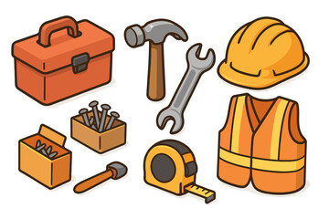 Construction tools and safety gear set with hammer, helmet, and tape measure