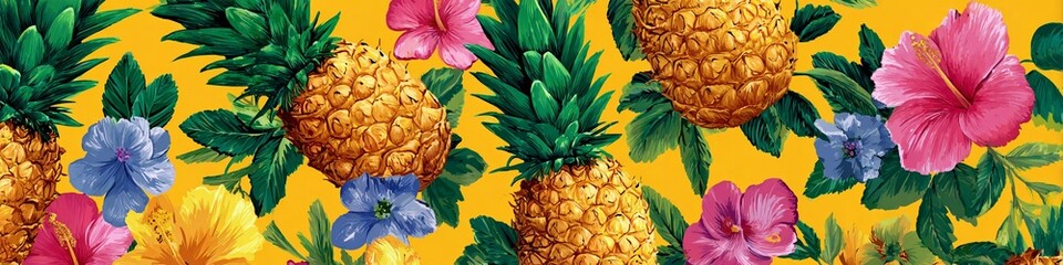 Vibrant seamless tropical pattern with golden pineapples, pink hibiscus, and blue flowers on a yellow background