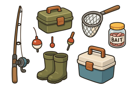 Fishing gear illustration with rod, boots, tackle box, net, and bait