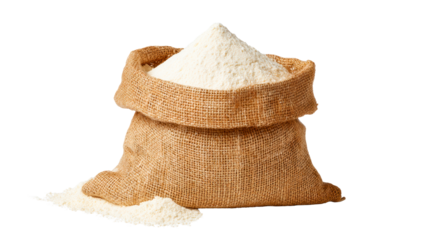 Full burlap sack overflowing with fine white flour, ideal for baking ingredient concepts and food preparation visuals.