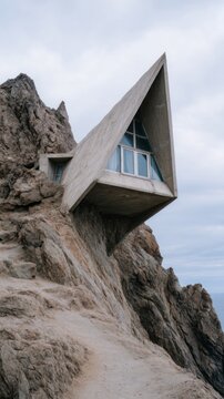 Gravity-defying clifftop house juts skyward, embracing architectural audacity; ideal for World Architecture Day reflections, Solitude Sanctuary
