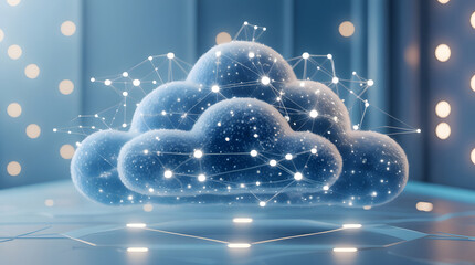 Digital cloud computing network technology concept with interconnected data points in blue